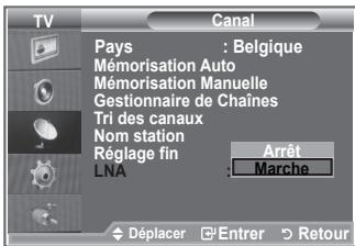 TV Canal Pays : Belgique Mémorisation Auto Mémorisation Manuelle Gestionnaire de Chaînes Tri des canaux Nom station Réglage fin LNA Arrêt : Marche Déplacer Enterr Retour