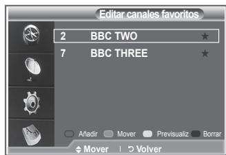 Editor canales favoritos 2 BBC TWO ★ 7 BBC THREE ★ Anadir Mover Previsualiz Borrar Mover Volver