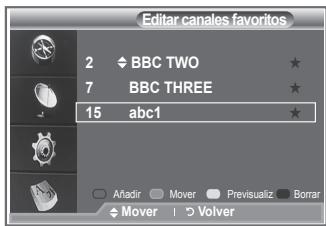 Editar canales favoritos 2 ◆ BBC TWO ★ 7 BBC THREE ★ 15 abc1 ★ Anadir Mover Previsualiz Borrar Mover Volver