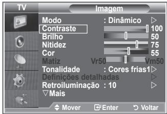 TV Imagem Modo : Dinâmico Contraste 100 Brilho 50 Nitidez 75 Cor 55 Matiz Vr50 Vm50 Tonalidade : Cores frias1 Definições detalhadas Retroiluminação : 10 Mais Mover Enter Voltar