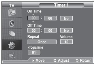 Timer 1 On Time 00 : 00 No Off Time 00 : 00 No Repeat Volume Once 10 Programme 01 Move Adjust Return