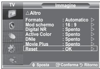 TV Altro Formato : Automatico Mod schermo : 16 : 9 Digital NR : Spento Active Color : Spento DNle : Spento Movie Plus : Spento Reset : OK Sposta Conferma Ritorno