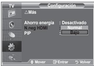 TV Configuración △Más Ahorro energía : Desactivado N.neg HDMI Normal PIP : Bajo ◆ Mover □ Entran ▶ Volver