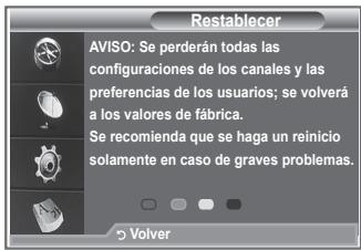 Restablecer AVISO: Se perderán todas las configuraciones de los canales y las preferencias de los usuarios; se volverá a los valores de fábrica. Se recomienda que se haga un reinicio solamente en caso de graves problemas. Volver