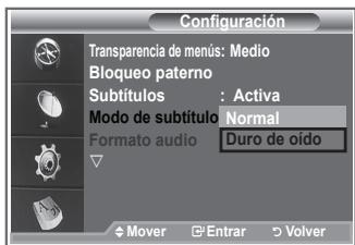 SAMSUNG LE32R89BD - Use este menú para configurar Modo de subtítulo. “Normal” es la opción básica y “Duro de oído” es la opción para personas con problemas de audición. - 1
