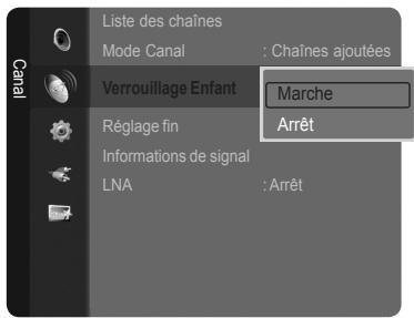 Liste des chaînes Mode Canal : Chaînes ajoutées Verrouillage Enfant Marche Réglage fin Arrêt Informations de signal LNA : Arrêt