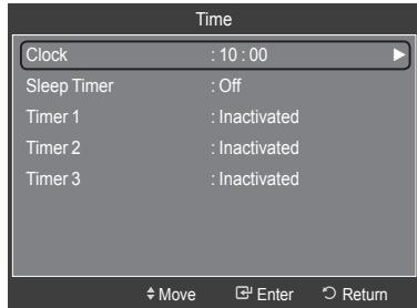 Time Clock : 10 : 00 Sleep Timer : Off Timer 1 : Inactivated Timer 2 : Inactivated Timer 3 : Inactivated Move Enter Return