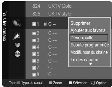 Tous les canaux 824 UKTV Gold 825 UKTV style Supprimer Ajouter aux favors Déverrouillé Ecoute programmée Modifi. nom du chaîne Tri des canaux Tous Type de canal Zoom Sélection Option