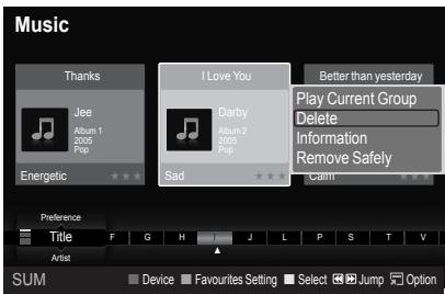 Music Thanks Jee Album 1 2005 Pop Energetic I Love You Darby Album 2 2005 Pop Better than yesterday Play Current Group Delete Information Remove Safely Sad Cann Preference Title F G H J L P S T V Artist Device Favourites Setting Select Jump Option SUM