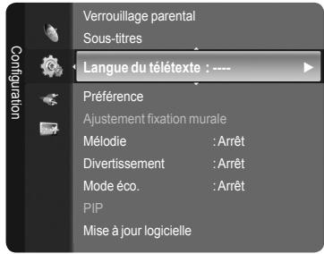 Verrouillage parental Sous-titres Langue du télétexte : ---- Configuration Préférence Ajustement fixation murale Mélodie : Arrêt Divertissement : Arrêt Mode éco. : Arrêt PIP Mise à jour logicielle