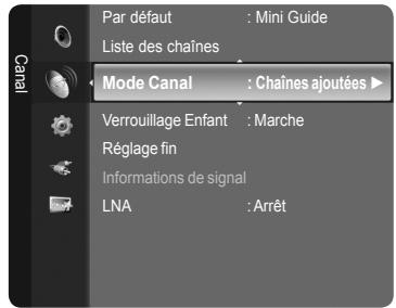Par défaut : Mini Guide Liste des chaînes Mode Canal : Chaînes ajoutées ▶ Verrouillage Enfant : Marche Réglage fin Informations de signal LNA : Arrêt
