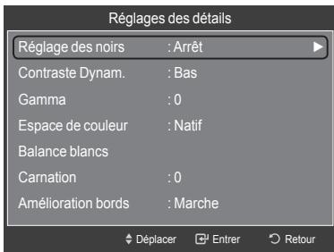 Réglages des détails Réglage des noirs : Arrêt Contraste Dynam. : Bas Gamma : 0 Espace de couleur : Natif Balance blancs Carnation : 0 Amélioration bords : Marche