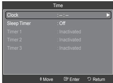 Clock : -- : -- Sleep Timer : Off Timer 1 : Inactivated Timer 2 : Inactivated Timer 3 : Inactivated Move Enter Return