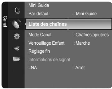 Mini Guide Par défaut : Mini Guide Liste des chaînes Mode Canal : Chaînes ajoutées Verrouillage Enfant : Marche Réglage fin Informations de signal LNA : Arrêt