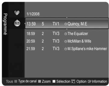 1/1/2008 13:59 5 TV1 ○ Quincy, M.E 18:59 2 TV3 ○ The Equalizer 20:59 2 TV3 ○ McMillan & Wife 21:59 2 TV3 ○ M.Spillane's mike Hammer Tous Type de canal Zoom Sélection Option Information