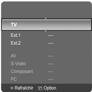 TV Ext.1 ---- Ext.2 ---- AV ---- S-Vidéo ---- Composant ---- PC ---- ■ Rafraîchir ■ Option