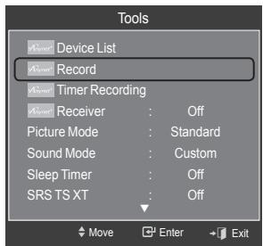 Tools Device List Record Timer Recording Receiver : Off Picture Mode : Standard Sound Mode : Custom Sleep Timer : Off SRS TS XT : Off Move Enter Exit