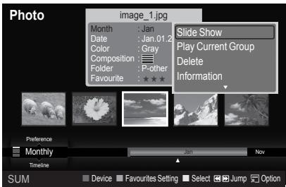 Photo image_1.jpg Month : Jan Date : Jan.01.2 Color : Gray Composition: Folder : P-other Favourite : ★ ★ ★ Slide Show Play Current Group Delete Information Preference Monthly Timeline SUM Device Favourites Setting Select Jump Option