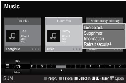 Music Thanks Jee Album 1 2005 Pop Energique I Love You Darby Album 2 2005 Pop Triste Better than yesterday Lire op act. Supprimer Information Retrait sécurisé Câme Pref. Titre F G H J L P S T V Artisté Périh. Favoris Sélection Passer Option SUM