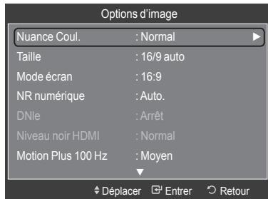 Options d'image Nuance Coul. : Normal Taille : 16/9 auto Mode écran : 16:9 NR numérique : Auto. DNle : Arrêt Niveau noir HDMI : Normal Motion Plus 100 Hz : Moyen Déplacer Enter Retour