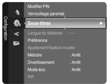 Modifier PIN Verrouillage parental Sous-titres Langue du télétexte : --- Préférence Ajustement fixation murale Mélodie : Arrêt Divertissement : Arrêt Mode éco. : Arrêt PIP
