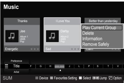Music Thanks Jee Album 1 2005 Pop Energetic I Love You Darby Album 2 2005 Pop Sad Better than yesterday Play Current Group Delete Information Remove Safely Calm Preference Title F G H J L P S T V Artist Device Favourites Setting Select Jump Option SUM