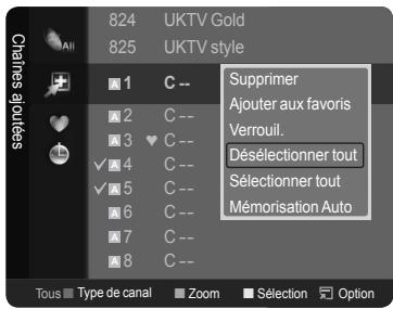 824 UKTV Gold 825 UKTV style Supprimer Ajouter aux favors Verroull. Désélectionner tout Sélectionner tout Mémorisation Auto 1 C -- 2 C -- 3 ♥ C -- ✓ 4 C -- ✓ 5 C -- 6 C -- 7 C -- 8 C -- Tous Type de canal Zoom Sélection Option