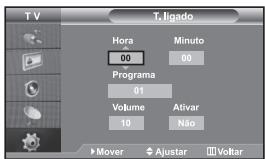 T V T. ligado Hora Minuto 00 00 Programa 01 Volume Ativar 10 Não Mover Ajustar Voltar