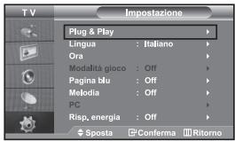 TV Impostazione Plug & Play Lingua : Italiano Ora Modalità gloco : Off Pagina blu : Off Mologia : Off PC Risp, energia : Off Sposta Conferma Ritorno