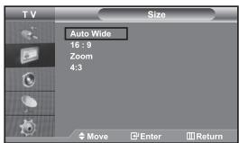 TV Size Auto Wide 16:9 Zoom 4:3 Move Enter Return
