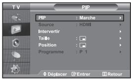 TV PIP PIP : Marche Source : HDMI Interveritir Taille : Position : Programme : P 1 Déplacer Entrer Retour