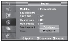 TV Suono Modalità : Personalizzata Equalizzatore TSXT SRS : Off Volume auto : Off Mute interno : Off Sezione audio : Principale Reset : Secondario Sposta □ Conferma □ Ritorno