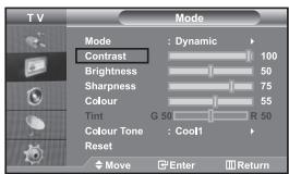 TV Mode Mode : Dynamic Contrast 100 Brightness 50 Sharpness 75 Colour 55 Tint G 50 R 50 Colour Tone : Cool Reset Move Enter Return