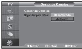 TV Gestor de Canales Gestor de Canales Seguridad para niños: Desactivado Activado Mover Entrar Volver