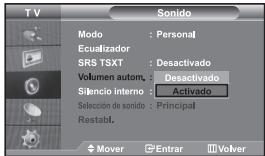 TV Sono Modo : Personal Ecualizador SRS TSXT : Desactivado Volumen autom. : Desactivado Silencio interno : Activado Selección de sonido : Principal Restabl. Mover Enrar Volver