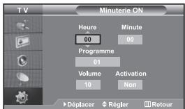 TV Minuterie ON Heure 00 Minute 00 Programme 01 Volume 10 Activation Non Déplacer Régler Retour