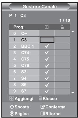 Gestore Canale P 1 C3 1 / 10 Prog. 0 C-- 1 C3 2 BBC 1 ✓ 3 C74 ✓ 4 C75 ✓ 5 C76 ✓ 6 S3 ✓ 7 S4 ✓ 8 S6 ✓ 9 S7 ✓ Aggiungi Blocco Sposta Conferma Pagina Ritorno
