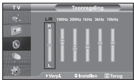 TV Toonregeling L/R 100Hz 300Hz 1kHz 3kHz 10kHz R L ►VerpL ♦Instellen ■Terug