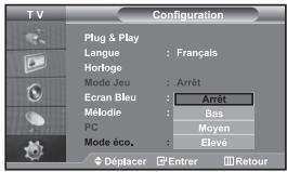 TV Configuration Plug & Play Langue : Français Horloge Mode Jeu : Arrêt Ecran Bleu : Arrêt Médiode : Bas PC Mode éco. : Moyen Déplacer : Elevé Entrer Retour