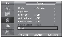 TV Sound Mode : Custom Equalizer SRS TSXT : Off Auto Volume : Off Internal Mute : Off Sound Select : Main Reset Move Enter Return