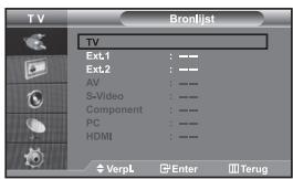 TV Bronlijst TV Ext1 : —— Ext2 : —— AV : —— S-Video : —— Component : —— PC : —— HDMI : —— VerpL Enter Terug