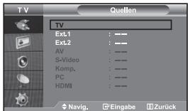 TV Ext1 : — Ext2 : — AV : — S-Video : — Komp. : — PC : — HDMI : — Navig. Eingabe Zurück