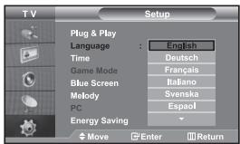 T V Setup Plug & Play Language : English Time Game Mode Blue Screen Melody PC Energy Saving Move Enter Return