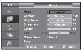 TV Mode Dynamic Contrast Standard 100 Brightness Movie 50 Sharpness Custom 75 Colour 55 Tint G 50 R 50 Colour Tone Cool Reset Move Enter Return