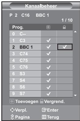 Kanaalbeheer P 2 C16 BBC 1 1 / 10 Prog. 0 C-- 1 C3 ✓ 2 BBC 1 ✓ ✓ 3 C74 ✓ 4 C75 ✓ 5 C76 ✓ 6 S3 ✓ 7 S4 ✓ 8 S6 ✓ 9 S7 ✓ Toevoegen Vergrend. Verpl. Enter Pagina Terug