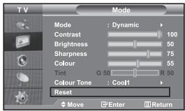 TV Mode Mode : Dynamic Contrast 100 Brightness 50 Sharpness 75 Colour 55 Tint G 50 R 50 Colour Tone : Cool Reset Move Enter Return