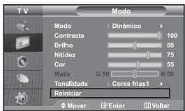 T V Modo Modo : Dinâmico Contraste 100 Brilho 50 Nitidez 75 Cor 55 Matiz G 50 R 50 Tonalidade : Cores frias1 Reiniciar Mover Enter Voltar