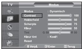T V Modus Modus : Dynamisch Contrast 100 Heiderheid 50 Scherpte 75 Kleur 55 Tint G 50 R 50 Kleur tint : Koel1 Reset VerpL Enter Terug