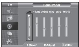 TV Equalizador L/R 100Hz 300Hz 1kHz 3kHz 10kHz R L ► Mover ◆ Adjust □ Voltar