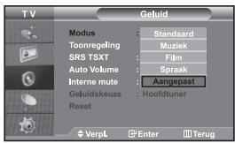 TV Modus : Standaard Toonregeling : Muziek SRS TSXT : Film Auto Volume : Sprak Interne mute : Aangepast Geluidskeuze : Hoofdtuner Reset VerpL Enter Terug